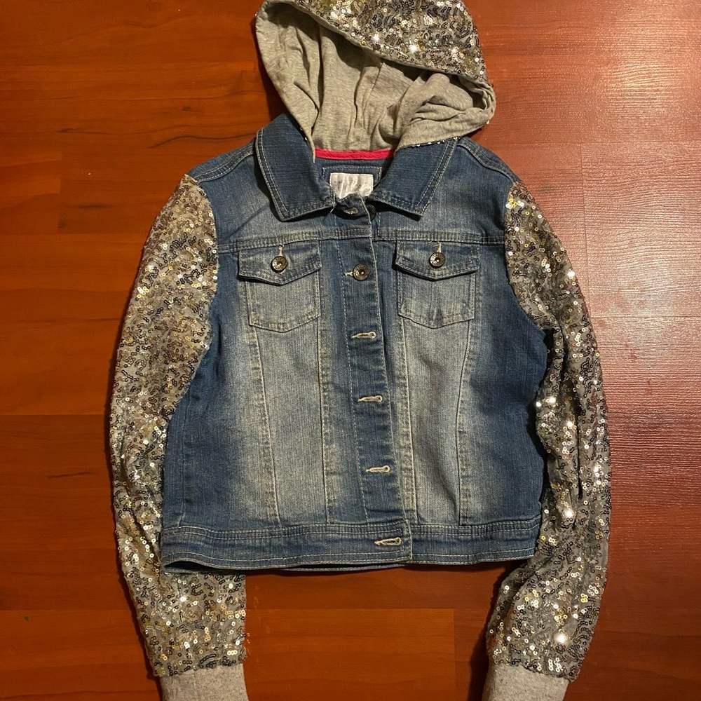 Justice Blue Jean Jacket with Silver Sequin Sleeves